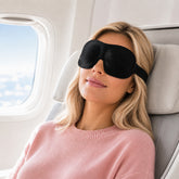 3D Sleep Mask with contoured eye cups; front view of 3D blackout sleep mask; side view showing raised eye cup design; adjustable Velcro strap on 3D Sleep Mask; lightweight polyurethane foam sleep mask; 3D Sleep Mask worn over the eyes; earplugs beside 3D Sleep Mask; contoured sleep mask packed for travel; raised eye cups providing space around lashes