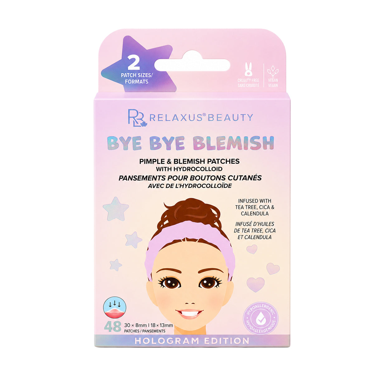 Bye Bye hologram hydrocolloid pimple and blemish patches
Hologram pimple patches in 8 mm and 13 mm sizes 48-count hologram hydrocolloid blemish patches
Hologram patch applied directly to a facial blemish Hydrocolloid pimple patches with tea tree, cica and calendula Two sizes of hologram blemish patches Vegan and cruelty-free hologram pimple patches
Hologram patches for targeted blemish care