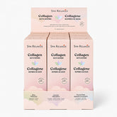Collagen Bath Bombs three-pack; Bliss rosemary and vanilla bath bomb; Muscle Melt eucalyptus and tea tree bath bomb; Unwind lavender orange and lemon bath bomb; three individually wrapped Collagen Bath Bombs; Collagen Bath Bombs with argan oil shea butter and cocoa butter; bath bomb trio arranged beside a bathtub; three scented bath bombs for a relaxing bath routine