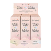 Collagen Bath Bombs three-pack; Bliss rosemary and vanilla bath bomb; Muscle Melt eucalyptus and tea tree bath bomb; Unwind lavender orange and lemon bath bomb; three individually wrapped Collagen Bath Bombs; Collagen Bath Bombs with argan oil shea butter and cocoa butter; bath bomb trio arranged beside a bathtub; three scented bath bombs for a relaxing bath routine