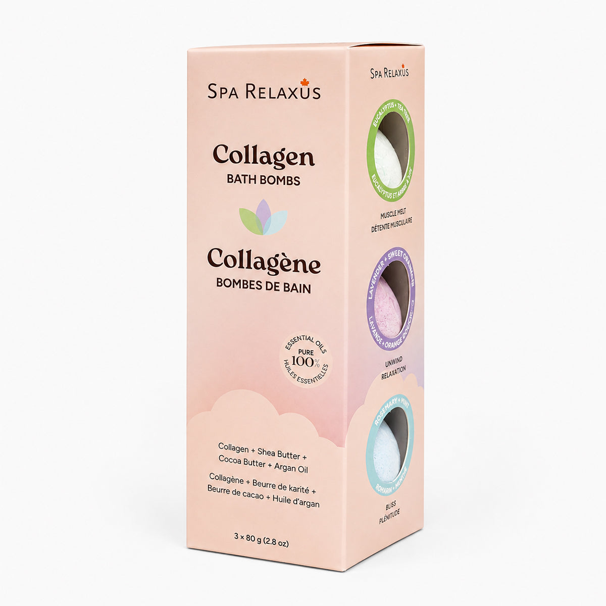 Collagen Bath Bombs three-pack; Bliss rosemary and vanilla bath bomb; Muscle Melt eucalyptus and tea tree bath bomb; Unwind lavender orange and lemon bath bomb; three individually wrapped Collagen Bath Bombs; Collagen Bath Bombs with argan oil shea butter and cocoa butter; bath bomb trio arranged beside a bathtub; three scented bath bombs for a relaxing bath routine