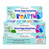 Dino Egg Surprise Bath Bombs three-pack; kids' dinosaur bath bombs with hidden toys; blueberry lavender and mint bath bombs; colourful egg-shaped bath bombs for kids; bath bomb fizz revealing a dinosaur toy; three 100 gram dinosaur surprise bath bombs; vegan kids' bath bombs with assorted scents; dinosaur-themed bath-time gift set