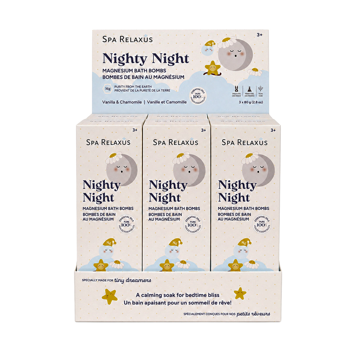 Nighty Night magnesium bath bombs three pack Vanilla and chamomile magnesium bath bombs Three 80 g Nighty Night bath bombs Magnesium bath bombs with vanilla and chamomile essential oils Nighty Night bath bomb for a bedtime bath routine
Vegan magnesium bath bombs with shea butter and argan oil Vanilla chamomile bath bomb fizzing in bath water Magnesium bath bombs with 100% pure essential oils
