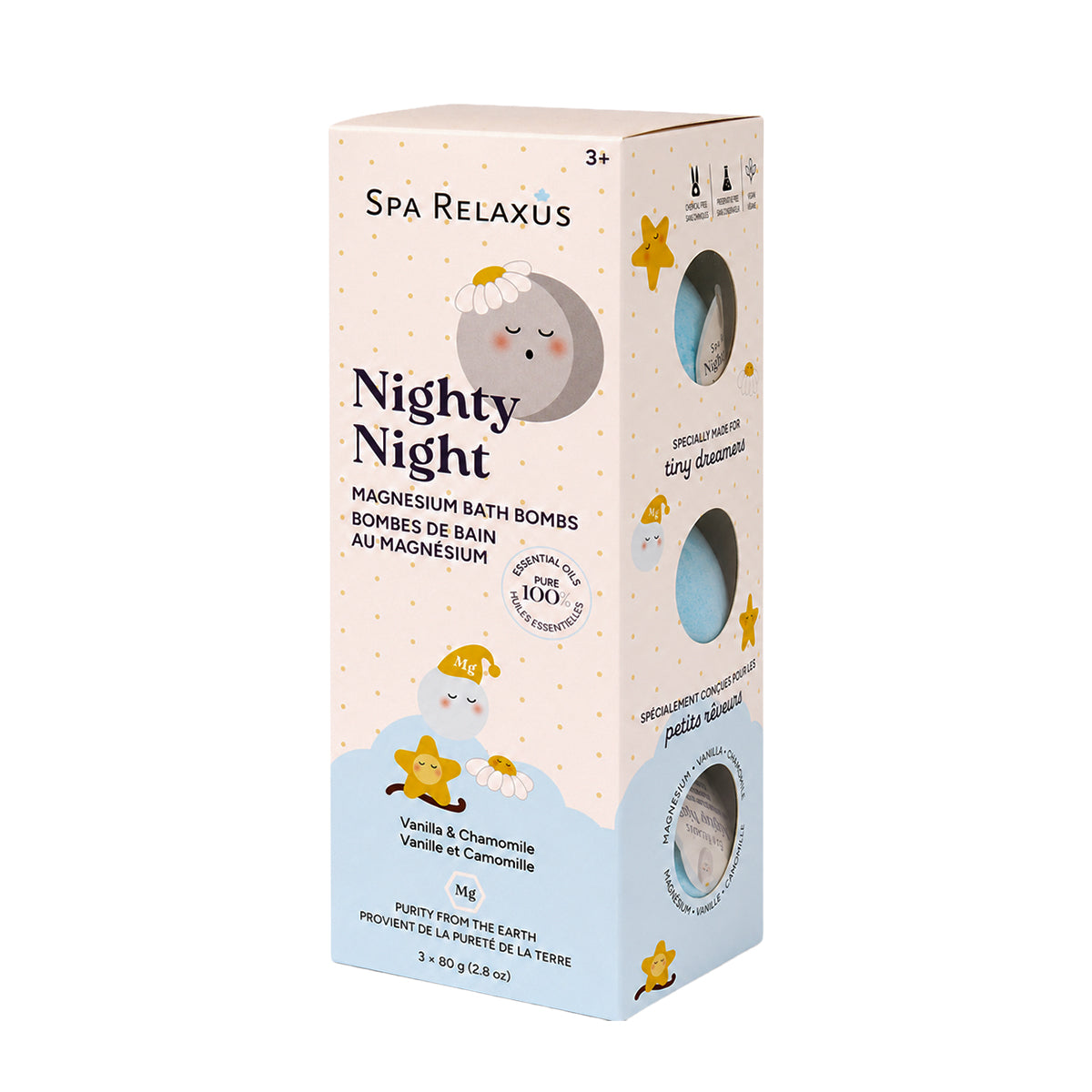 Nighty Night magnesium bath bombs three pack Vanilla and chamomile magnesium bath bombs Three 80 g Nighty Night bath bombs Magnesium bath bombs with vanilla and chamomile essential oils Nighty Night bath bomb for a bedtime bath routine
Vegan magnesium bath bombs with shea butter and argan oil Vanilla chamomile bath bomb fizzing in bath water Magnesium bath bombs with 100% pure essential oils