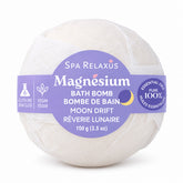 Moon Drift magnesium bath bombs three-pack; lavender and chamomile magnesium bath bombs; Moon Drift bath bomb packaging; magnesium bath bomb fizzing in warm water; three lavender and chamomile bath bombs; 100 g Moon Drift magnesium bath bombs; vegan lavender bath bombs with nourishing butters; magnesium bath bombs for a bedtime bath routine