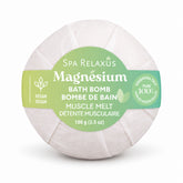 Muscle Melt magnesium bath bomb; eucalyptus and tea tree magnesium bath bomb; 100 g Muscle Melt bath bomb; magnesium bath bomb fizzing in warm water; Muscle Melt bath bomb packaging; bath bomb with eucalyptus and tea tree essential oils; magnesium bath bomb with shea and cocoa butter; vegan and cruelty-free magnesium bath bomb.