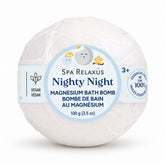 Nighty Night magnesium bath bomb; vanilla and chamomile magnesium bath bomb; Nighty Night bath bomb packaging; 100 g bedtime bath bomb; magnesium bath bomb fizzing in bath water; vanilla and chamomile bath product; vegan magnesium bath bomb with nourishing butters; Nighty Night bath bomb for an evening routine