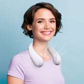 hands free neck fan; rechargeable wearable neck fan; portable neck fan with USB charging; quiet neck fan with three speed modes; 360 degree adjustable neck fan; lightweight neck fan for travel