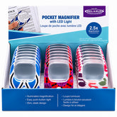 Pocket LED Magnifier with built-in light; 2.5× lighted magnifying glass; Compact LED magnifier for reading fine print; Pocket magnifier illuminating a small label; LED magnifying glass used for coin inspection; Portable magnifier for crafts and sewing; Pocket LED Magnifier with two CR1220 batteries; Pocket LED Magnifier product packaging