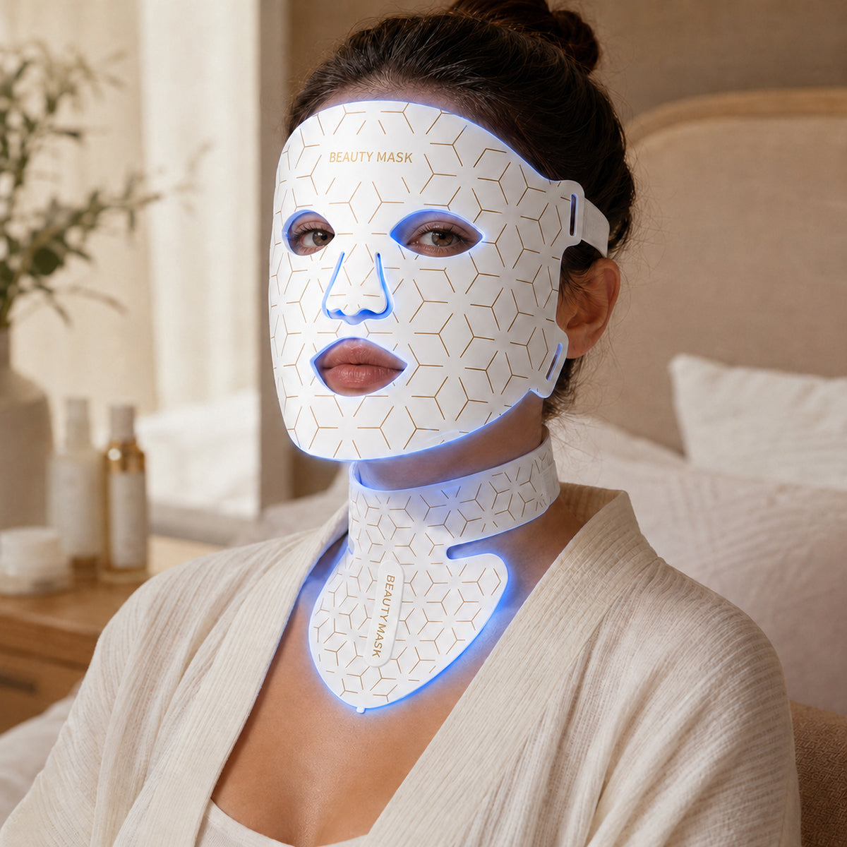 LED face mask with neck and chest light therapy panel Rechargeable LED face neck and chest therapy system
Flexible silicone LED face mask with digital controller LED face mask with seven visible-colour modes and near-infrared LED neck and chest panel with face mask Wearable silicone LED light therapy system LED face mask with USB-C rechargeable controller
LED light therapy system with face and neck chest components