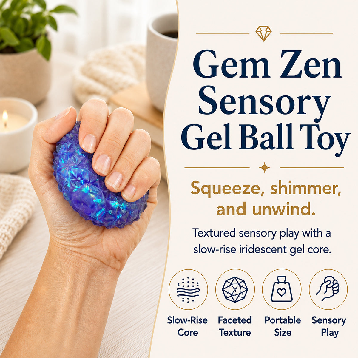 Gem Zen Sensory Gel Ball Toy
Faceted sensory gel squeeze ball
Slow-rise iridescent gel ball toy
Sparkly sensory squeeze ball
Textured gel ball fidget toy
Compact sensory gel ball toy