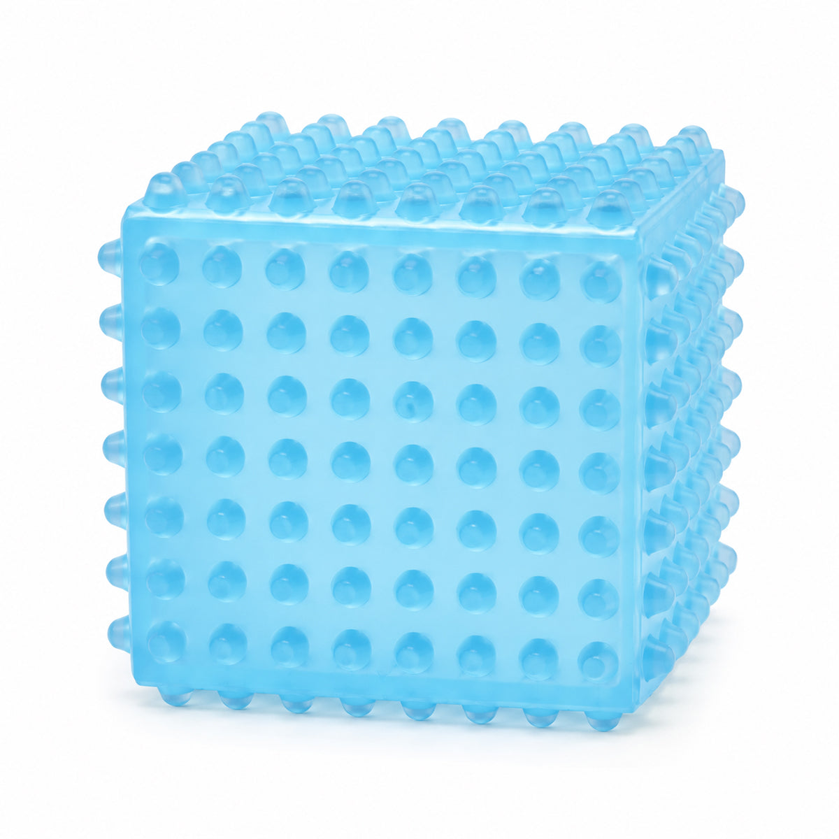 SensoFlex sensory squeeze cube toy in bright green; pink SensoFlex anti-stress squeeze cube on display stand; blue textured squeeze cube sensory toy; SensoFlex squeeze cube held in hand; textured sensory cube toy with raised bumps; pink blue and bright green SensoFlex squeeze cubes; anti-stress squeeze cube display of 12; SensoFlex tactile fidget toy