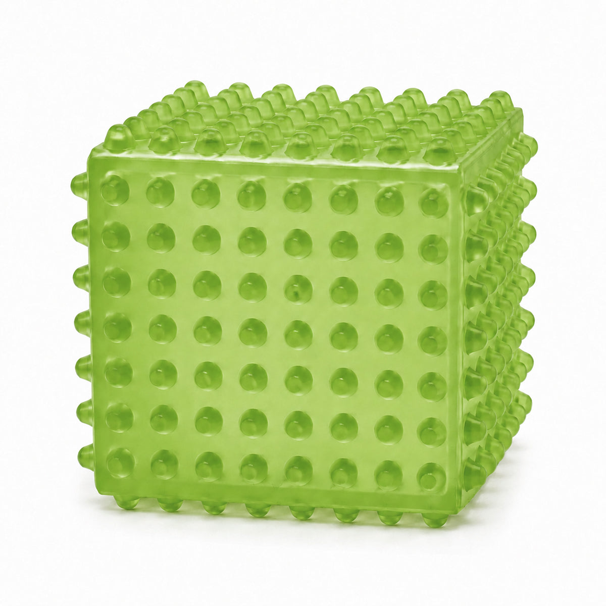 SensoFlex sensory squeeze cube toy in bright green; pink SensoFlex anti-stress squeeze cube on display stand; blue textured squeeze cube sensory toy; SensoFlex squeeze cube held in hand; textured sensory cube toy with raised bumps; pink blue and bright green SensoFlex squeeze cubes; anti-stress squeeze cube display of 12; SensoFlex tactile fidget toy