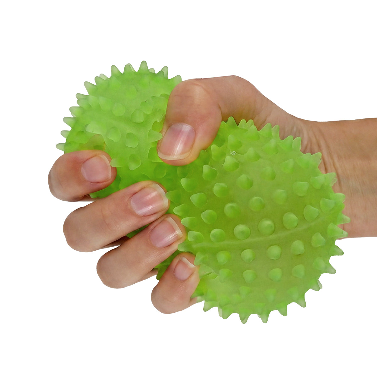 SensoFlex sensory squeeze cube toy in bright green; pink SensoFlex anti-stress squeeze cube on display stand; blue textured squeeze cube sensory toy; SensoFlex squeeze cube held in hand; textured sensory cube toy with raised bumps; pink blue and bright green SensoFlex squeeze cubes; anti-stress squeeze cube display of 12; SensoFlex tactile fidget toy