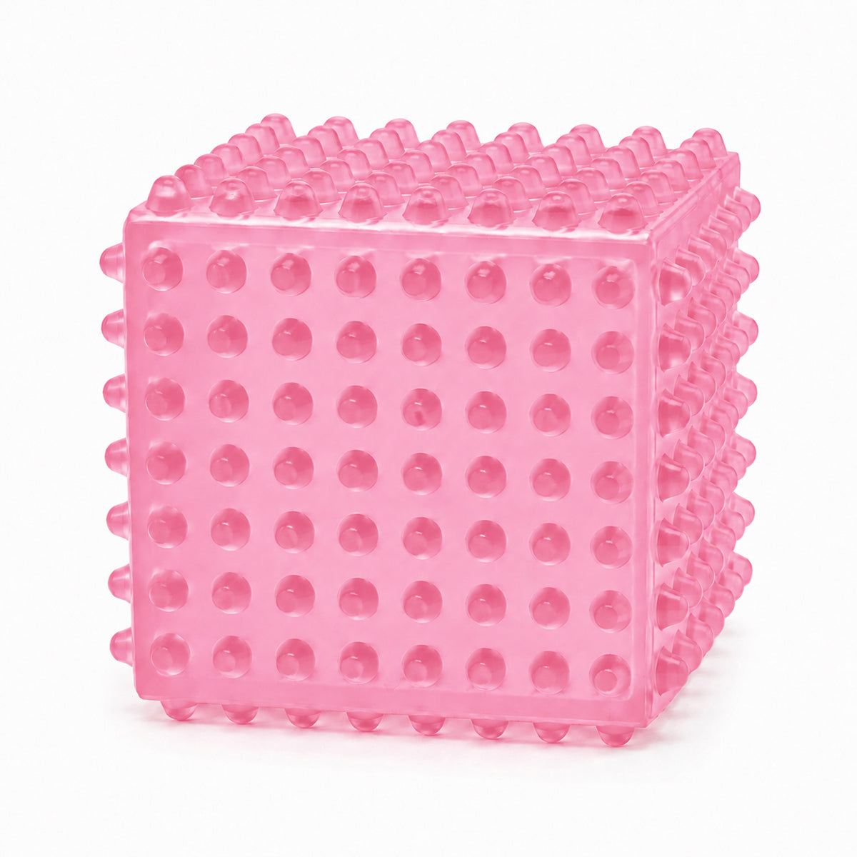 SensoFlex sensory squeeze cube toy in bright green; pink SensoFlex anti-stress squeeze cube on display stand; blue textured squeeze cube sensory toy; SensoFlex squeeze cube held in hand; textured sensory cube toy with raised bumps; pink blue and bright green SensoFlex squeeze cubes; anti-stress squeeze cube display of 12; SensoFlex tactile fidget toy