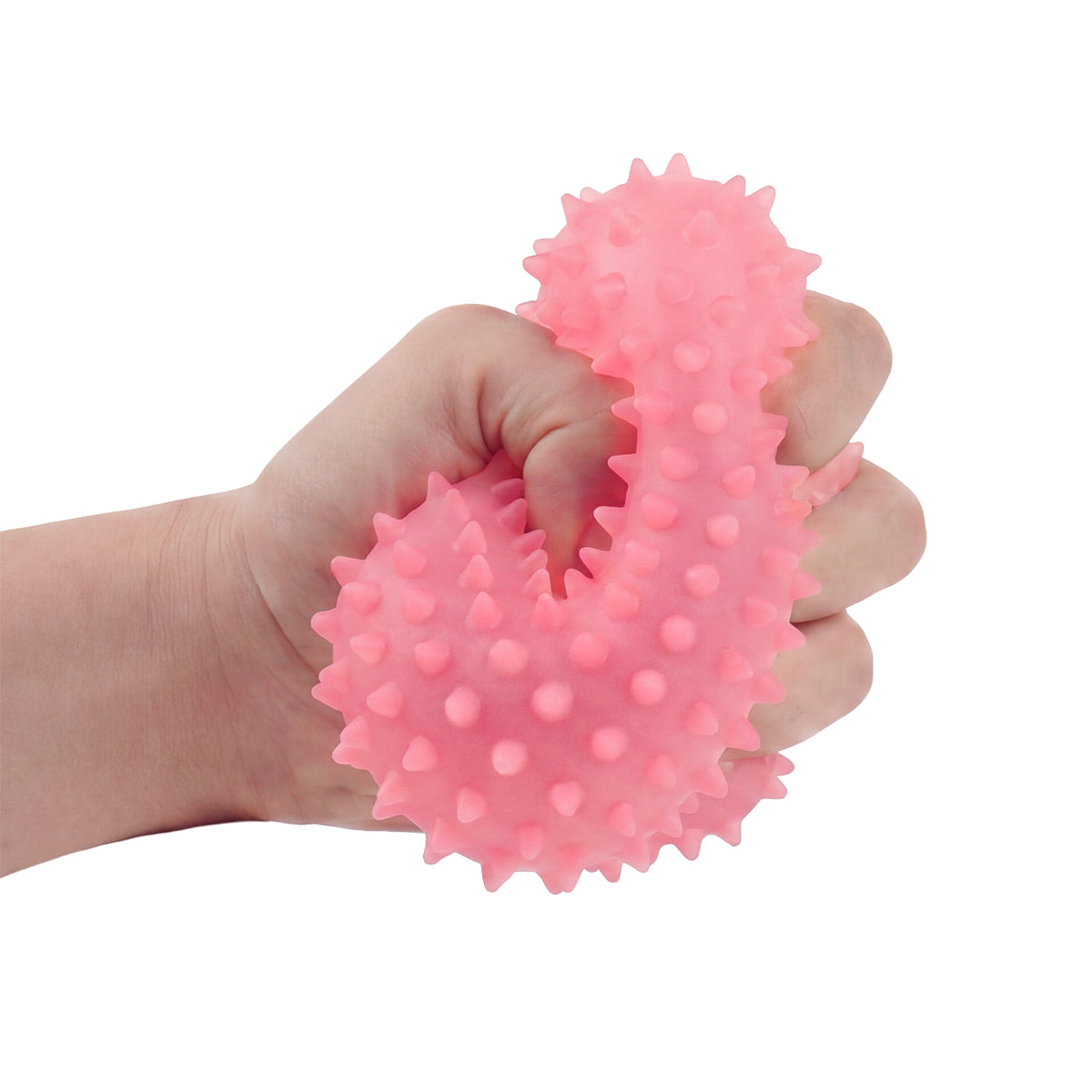 SensoFlex sensory squeeze cube toy in bright green; pink SensoFlex anti-stress squeeze cube on display stand; blue textured squeeze cube sensory toy; SensoFlex squeeze cube held in hand; textured sensory cube toy with raised bumps; pink blue and bright green SensoFlex squeeze cubes; anti-stress squeeze cube display of 12; SensoFlex tactile fidget toy