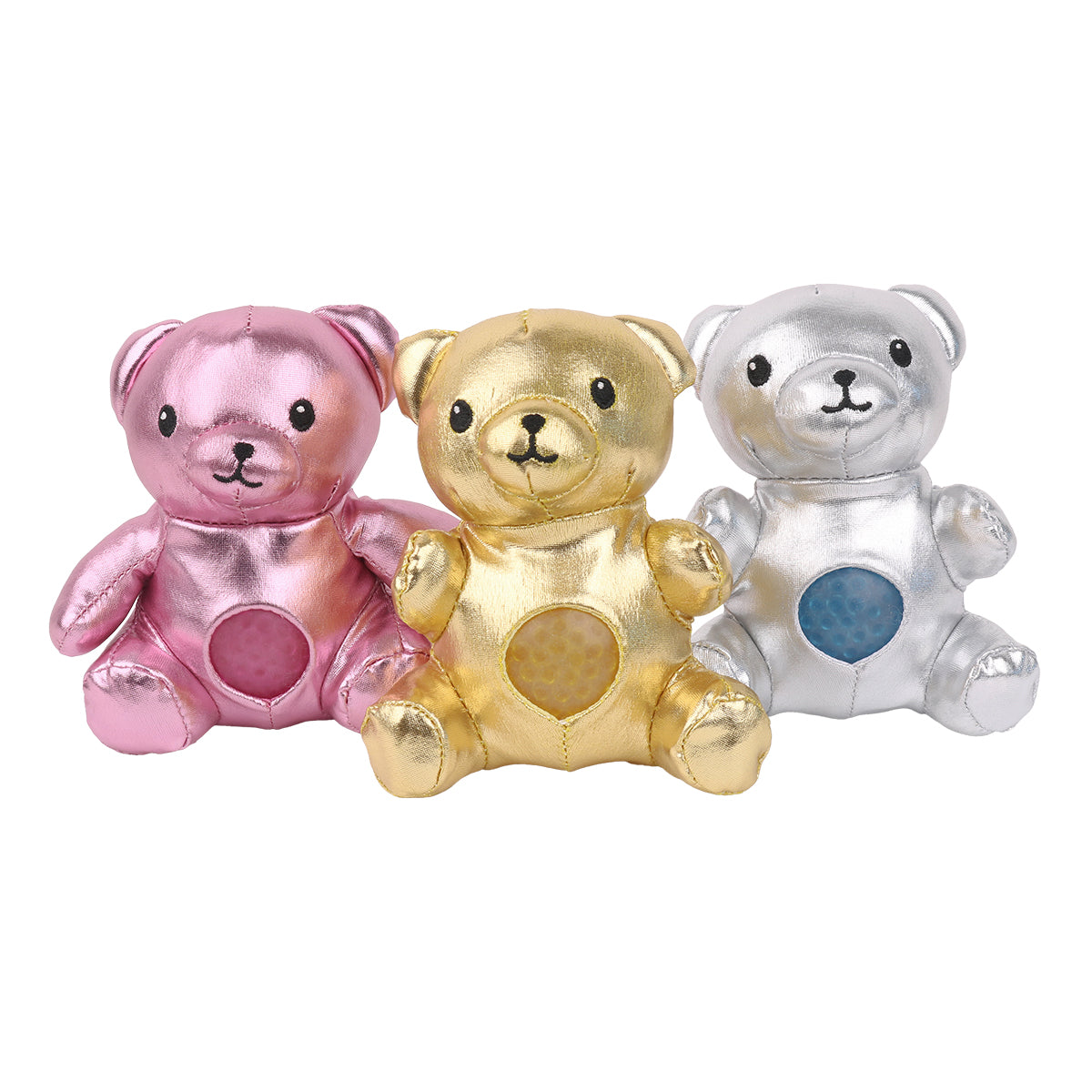 Tummy Bears sensory squeeze toy; pink Tummy Bears squeeze toy; gold Tummy Bears plush squeeze toy; silver Tummy Bears sensory toy; soft plush squeeze toy; tactile plush sensory toy