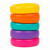 Torsion Rainbow Fidget with colourful rotating rings; rainbow sensory fidget toy with interlocking links; close-up of textured ends on Torsion Rainbow Fidget; compact plastic fidget toy with 360-degree rotating rings; Torsion Rainbow Fidget twisted into a curved pattern; colourful sensory toy held in the hand; rotating ring fidget toy with rainbow colours; Torsion Rainbow Fidget showing flexible interlocking links