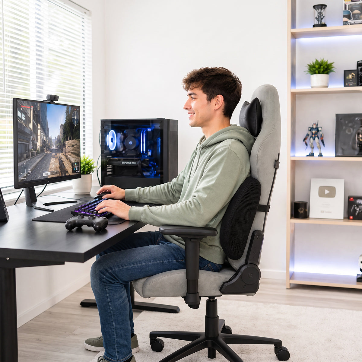 Pro Posture memory foam back cushion Memory foam lumbar support cushion for office chair Ergonomic back cushion with breathable mesh fabric Pro Posture Back Cushion with adjustable elasticised strap
Contoured high-density memory foam lumbar cushion Back support cushion positioned on an office chair
Removable-cover memory foam back cushion Lumbar support cushion for home office auto and gaming