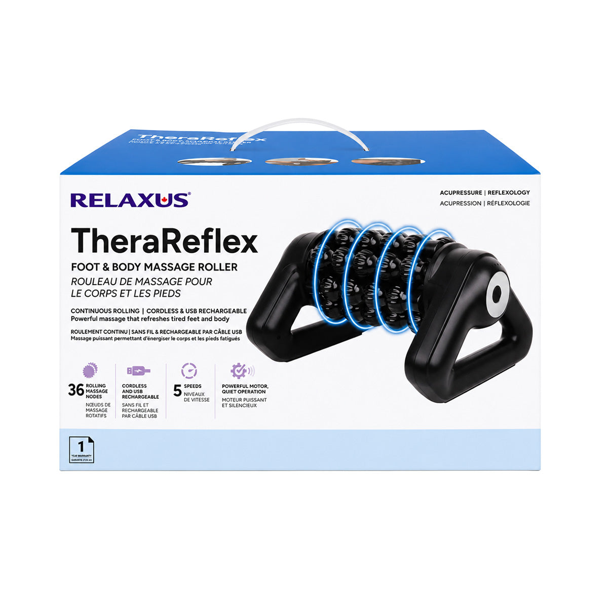 TheraReflex Foot & Body Massage Roller; TheraReflex cordless massage roller; TheraReflex foot massage roller with 36 textured nodes; TheraReflex rechargeable body massage roller; TheraReflex massage roller with five speeds; TheraReflex USB Type-C massage roller; TheraReflex triangular base massage roller; TheraReflex foot and body reflexology roller