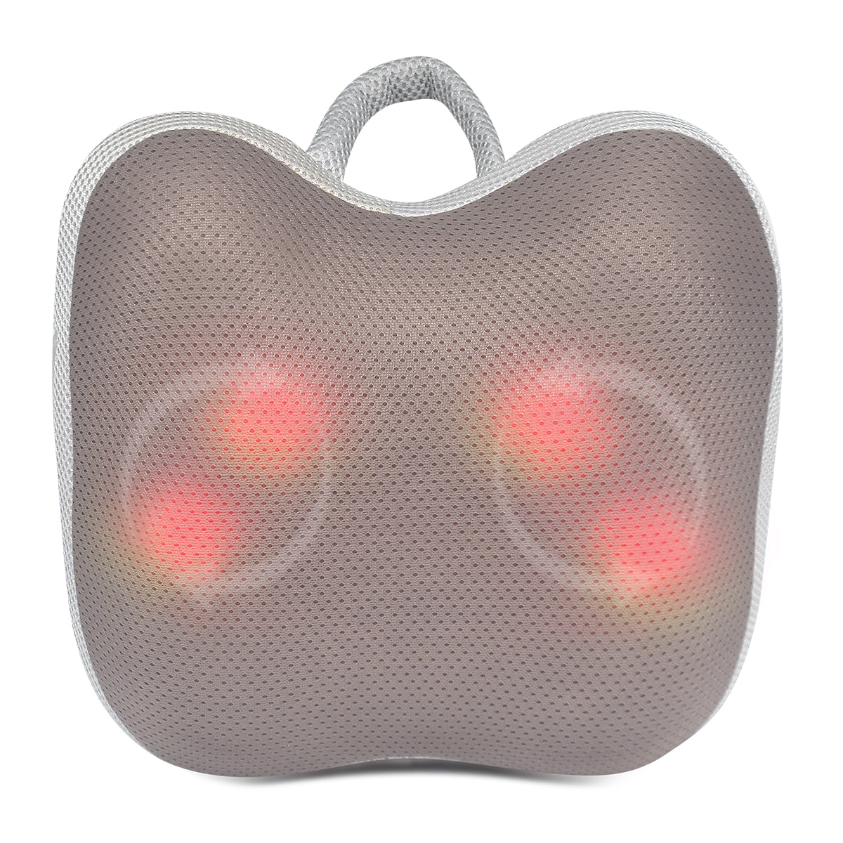 Thera Shiatsu cordless massage cushion with heat; cordless shiatsu massage cushion with breathable fabric cover; Thera massage cushion showing four rolling massage nodes; rechargeable shiatsu massage cushion for neck and shoulders; massage cushion positioned for lower back massage; cordless massage cushion with optional heat function; Thera Shiatsu massage cushion with removable washable cover; rechargeable massage cushion with 2000 mAh battery.