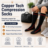 Copper Tech Compression Socks over the calf; moderate compression socks 15-25 mmHg; copper infused compression socks; breathable moisture-wicking compression socks; cushioned over-the-calf support socks; travel compression socks with reinforced toe