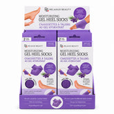Lavender Moisturizing Gel Heel Socks two-pair set; Reusable lavender gel socks for dry heels; Gel-lined heel socks infused with vitamin E and oils; Lavender heel socks worn during a foot-care treatment; Cotton blend moisturizing heel socks; Two pairs of lavender moisturizing heel socks; Gel heel socks for a 20-minute treatment; Lavender Moisturizing Gel Heel Socks product packaging.