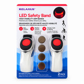 Use only descriptions that match the image shown: LED Safety Arm Bands 2-pack; LED arm band with steady illumination; LED arm band in flashing mode; Adjustable hook-and-loop strap on an LED arm band; Reflective pull tab on the LED safety arm band; LED Safety Arm Band worn while running; LED arm band worn while cycling; CR2032 battery compartment on the LED arm band
