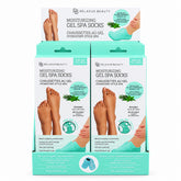Moisturizing Gel Spa Socks for dry feet; Lavender moisturizing gel socks; Tea Tree and Peppermint gel spa socks; Reusable moisturizing socks for cracked heels; Gel-lined spa socks for a 20-minute foot treatment; Soft moisturizing socks with vitamin E and oils; Moisturizing Gel Spa Socks product packaging; Gel spa socks worn during an at-home foot-care routine.