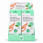 Moisturizing Gel Heel Socks two-pair set; Tea Tree and Peppermint gel heel socks; Reusable moisturizing socks for dry heels; Gel-lined heel socks infused with vitamin E and oils; Moisturizing heel socks worn during a foot-care treatment; Cotton blend gel heel socks; Two pairs of moisturizing heel socks; Moisturizing Gel Heel Socks product packaging