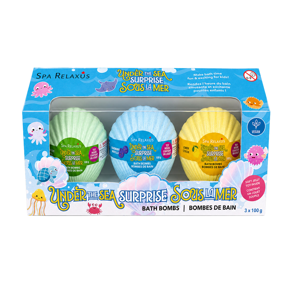 Under the Sea Surprise Bath Bombs three-pack Seashell-shaped kids bath bombs with surprise toys
Blueberry lemon and mint surprise bath bombs Bath bomb revealing hidden squishy TPR toy Colourful seashell bath fizzers for children Underwater-themed surprise bath bombs Three 100 g kids bath bombs with hidden toys Surprise bath bomb set with blueberry lemon and mint scents