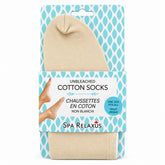 Unbleached Cotton Moisturizing Socks; Reusable cotton socks for overnight foot care; Lightweight unbleached cotton foot-treatment socks; Moisturizing socks worn over foot cream; Soft cotton socks for dry feet; Machine-washable moisturizing foot socks; Unbleached cotton socks with stretchable fit; Unbleached Cotton Moisturizing Socks product packaging