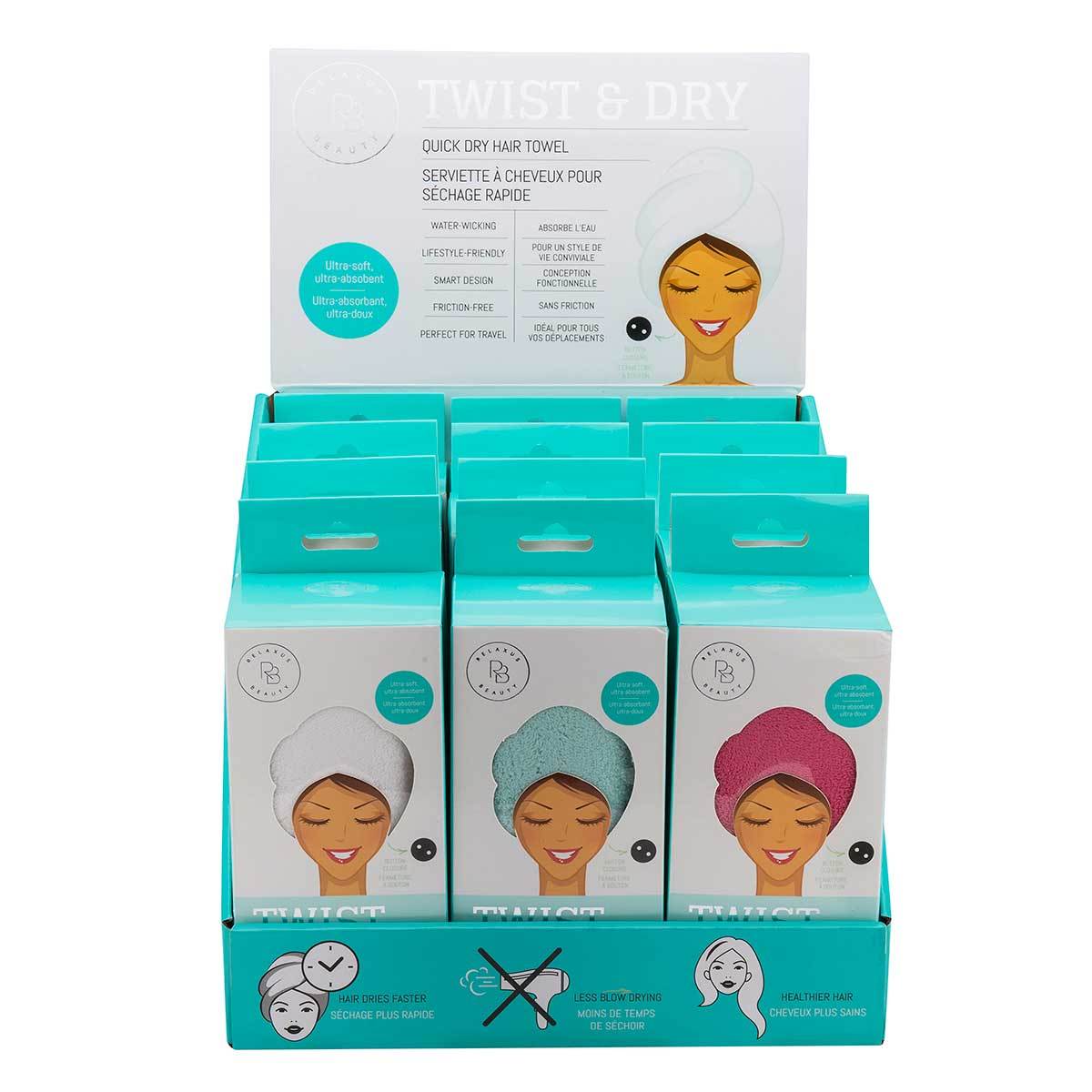 Wholesale Twist & Dry Hair Towel Wrap (Pink, Turquoise, White) - Displayer of 12