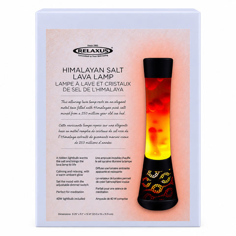 Use only descriptions that match the image shown: Cool Lava Lamp with Himalayan pink salt base; Dimmable 16-inch lava lamp; Flowing lava lamp with warm ambient light; Metal lamp base filled with Himalayan pink salt; Cool Lava Lamp displayed in a bedroom; Lava lamp used in a meditation space; Dimmer switch on the Cool Lava Lamp; Cool Lava Lamp with included 40W bulb and power cord.