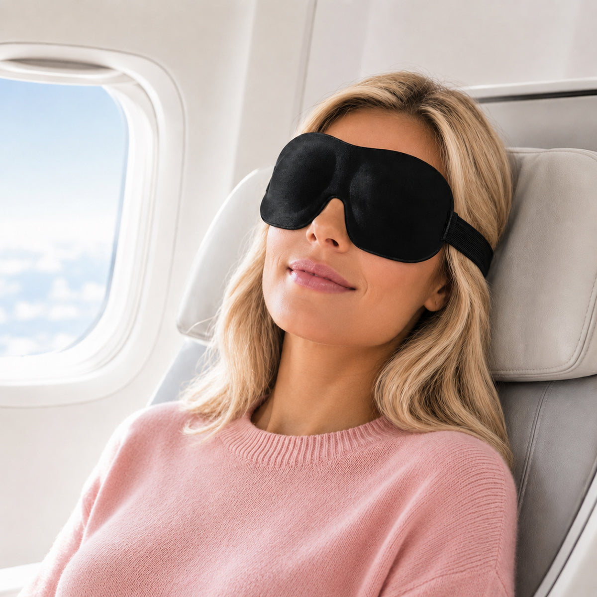 3D Sleep Mask with contoured eye cups; front view of 3D blackout sleep mask; side view showing raised eye cup design; adjustable Velcro strap on 3D Sleep Mask; lightweight polyurethane foam sleep mask; 3D Sleep Mask worn over the eyes; earplugs beside 3D Sleep Mask; contoured sleep mask packed for travel; raised eye cups providing space around lashes
