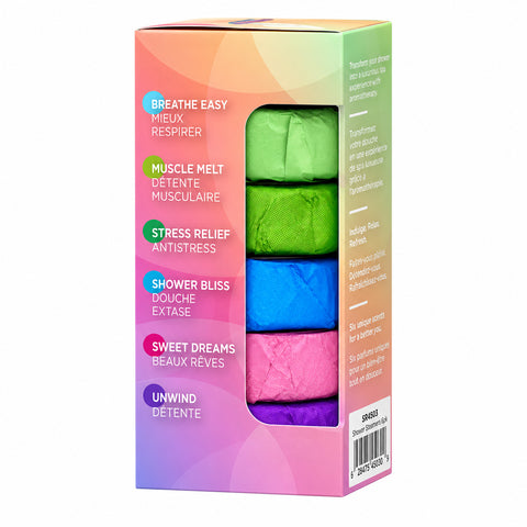 Shower Bombs 6-Piece Gift Set
Essential oil shower bomb gift set
Six-piece shower steamer set
Breathe Easy grapefruit shower bomb
Bliss eucalyptus tea tree and pine shower bomb Sweet Dreams ylang-ylang neroli and clary sage shower bomb Stress Relief essential oil shower bomb Unwind lavender sweet orange and lemon shower bomb