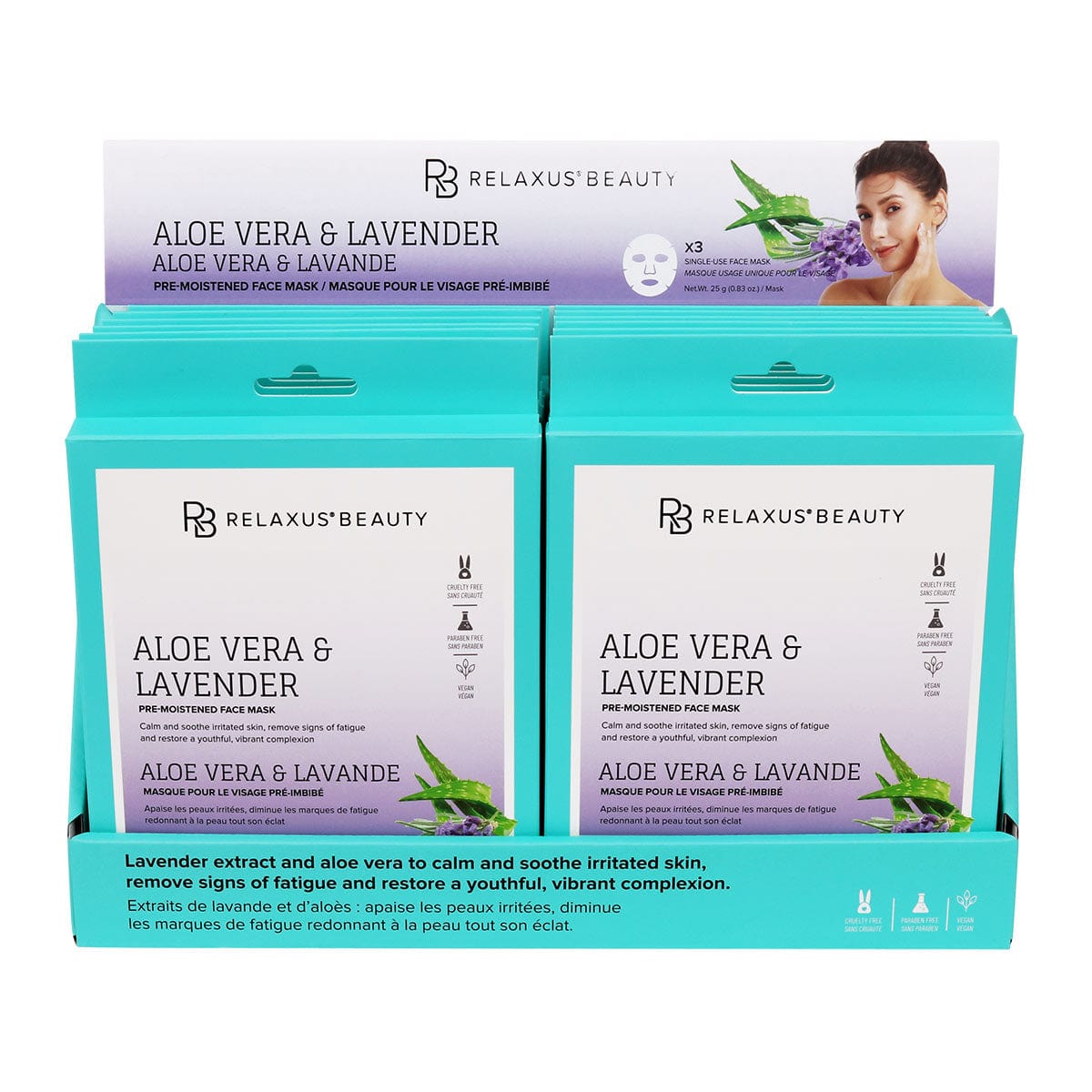 Wholesale Aloe & Lavender Face Masks (3-Pack) - Displayer of 12