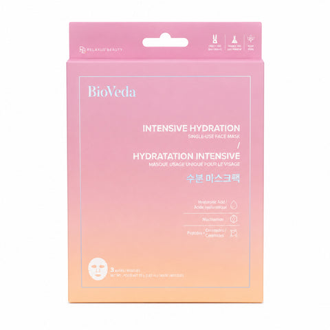 Relaxus Beauty BioVeda Intensive Hydration face mask pack; single use hydrating face mask with Hyaluronic Acid; hydrating sheet mask with Niacinamide and Ceramides; vegan face mask 3 pack; pre-moistened hydration face mask; BioVeda intensive hydration skincare mask