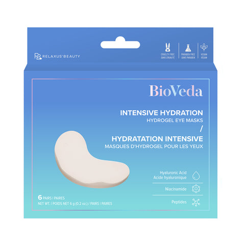 Bioveda hydrogel eye masks pack; intensive hydration hydrogel eye masks; under-eye masks with Hyaluronic Acid; Bioveda eye masks with Niacinamide and Peptides; vegan hydrogel eye masks; refreshing under-eye treatment masks