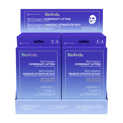 BioVeda BioCollagen Overnight Lifting face mask box; BioVeda single-use hydrogel face mask packaging; BioVeda BioCollagen Overnight Lifting hydrogel mask; BioVeda collagen face mask with hyaluronic acid; BioVeda overnight hydrogel face mask packaging; BioVeda face mask with peptides and ceramides; BioVeda vegan hydrogel face mask; BioVeda paraben-free cruelty-free face mask; BioVeda BioCollagen skincare mask. 