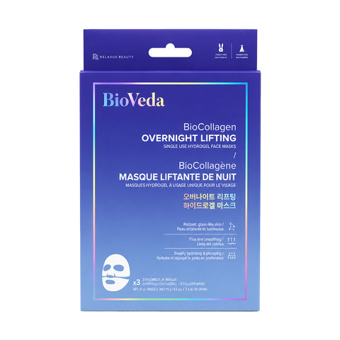 BioVeda BioCollagen Overnight Lifting face mask box; BioVeda single-use hydrogel face mask packaging; BioVeda BioCollagen Overnight Lifting hydrogel mask; BioVeda collagen face mask with hyaluronic acid; BioVeda overnight hydrogel face mask packaging; BioVeda face mask with peptides and ceramides; BioVeda vegan hydrogel face mask; BioVeda paraben-free cruelty-free face mask; BioVeda BioCollagen skincare mask. 