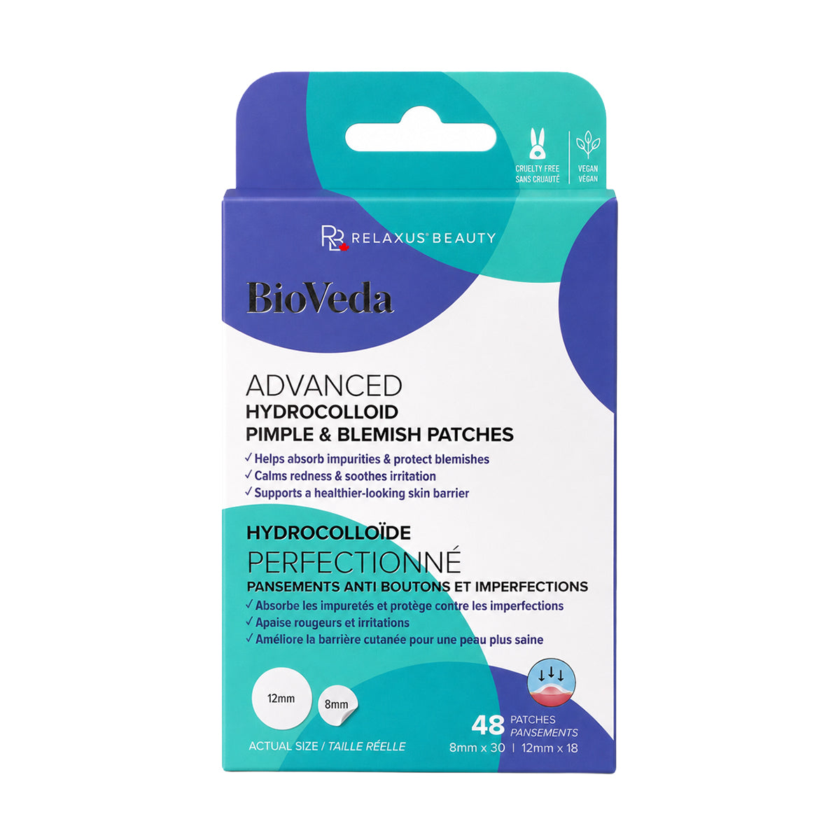 Advanced hydrocolloid pimple and blemish patches Hydrocolloid blemish patches in two sizes 48-count pimple patch box with 8 mm and 12 mm patches Hydrocolloid patch applied directly to a facial blemish Discreet pimple patch for targeted blemish care Vegan and cruelty-free hydrocolloid blemish patches Pimple patches with niacinamide, cica and tea tree oil Two sizes of hydrocolloid pimple patches