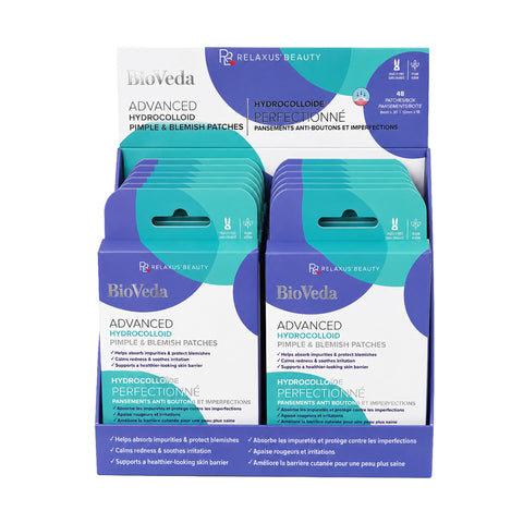 Advanced hydrocolloid pimple and blemish patches Hydrocolloid blemish patches in two sizes 48-count pimple patch box with 8 mm and 12 mm patches Hydrocolloid patch applied directly to a facial blemish Discreet pimple patch for targeted blemish care Vegan and cruelty-free hydrocolloid blemish patches Pimple patches with niacinamide, cica and tea tree oil Two sizes of hydrocolloid pimple patches
