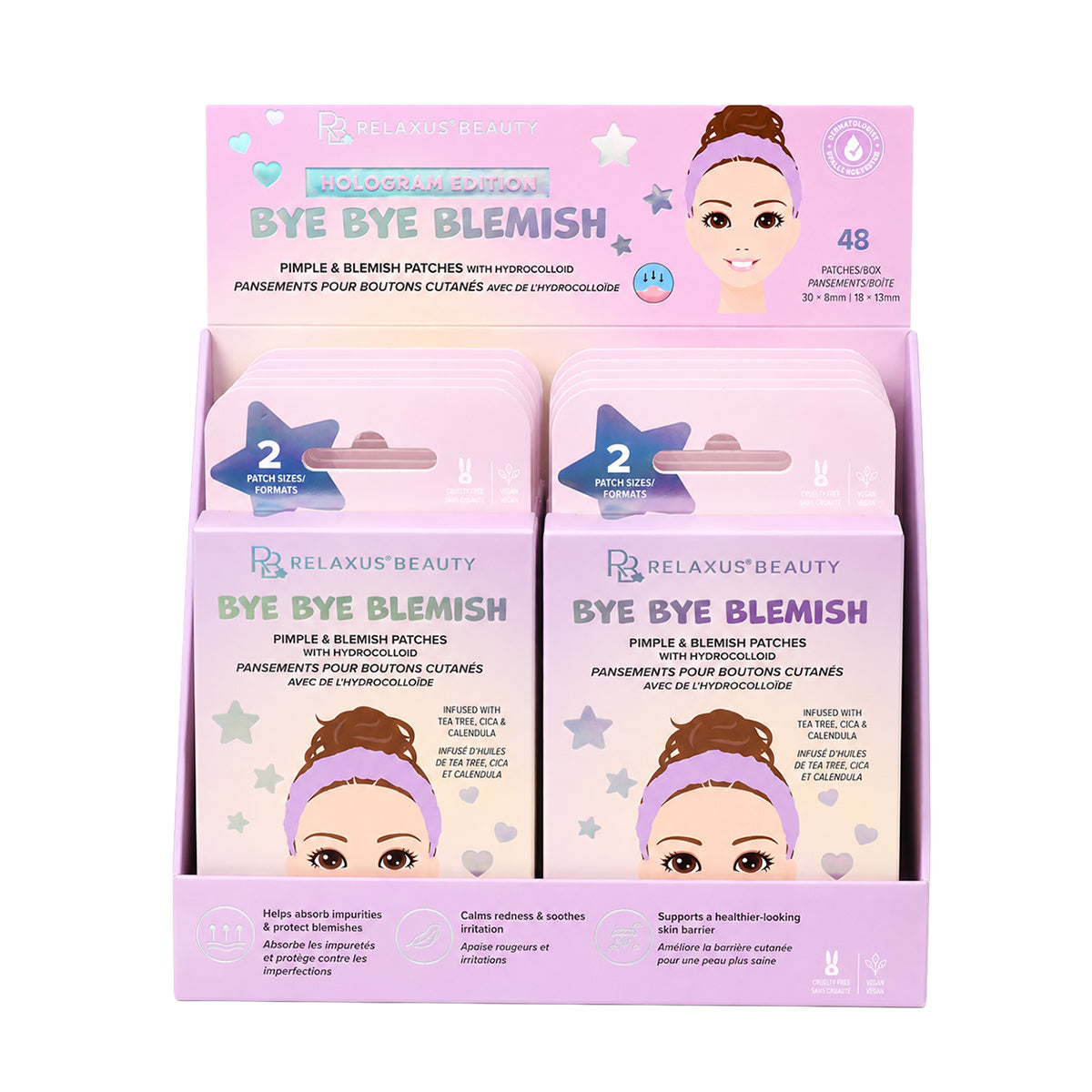 Bye Bye hologram hydrocolloid pimple and blemish patches
Hologram pimple patches in 8 mm and 13 mm sizes 48-count hologram hydrocolloid blemish patches
Hologram patch applied directly to a facial blemish Hydrocolloid pimple patches with tea tree, cica and calendula Two sizes of hologram blemish patches Vegan and cruelty-free hologram pimple patches
Hologram patches for targeted blemish care
