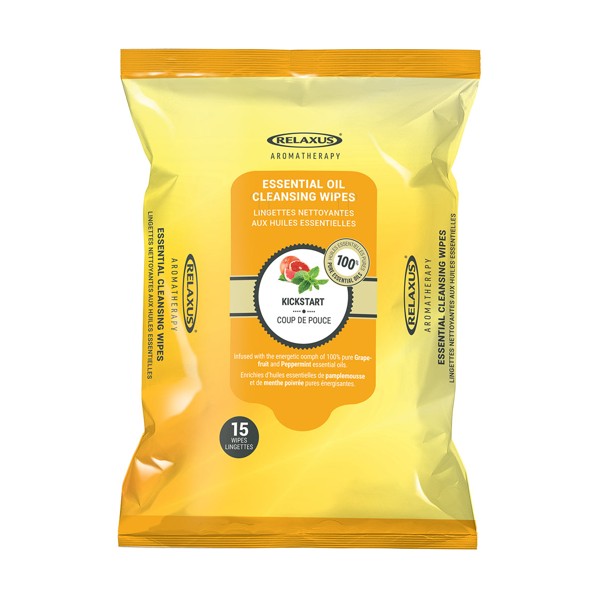 Kickstart Facial Cleansing Wipes pack; facial cleansing wipes with grapefruit and peppermint; refreshing facial wipes with essential oils; Kickstart wipes 15 count pack; facial wipes display pack; cleansing wipes with grapefruit oil