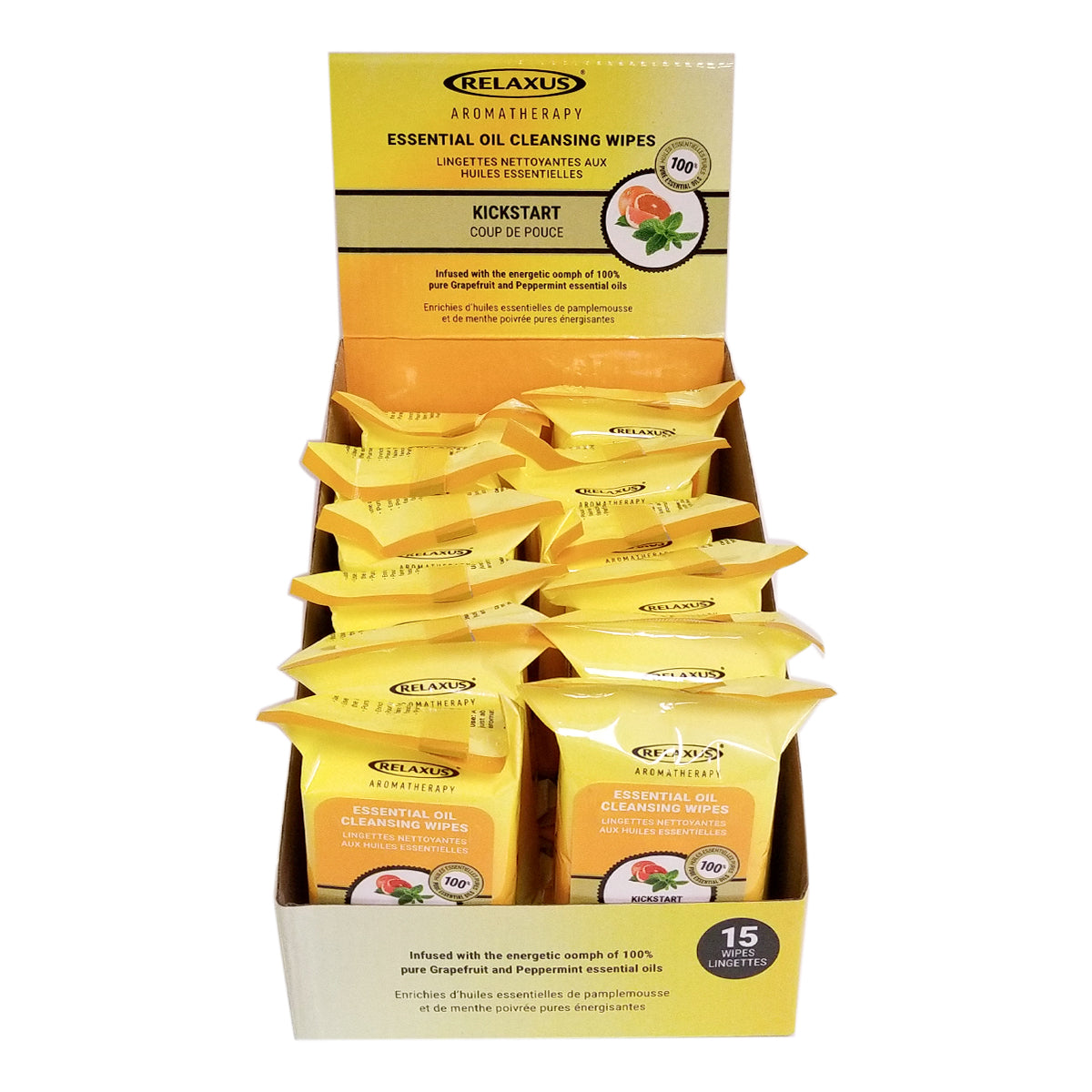 Kickstart Facial Cleansing Wipes pack; facial cleansing wipes with grapefruit and peppermint; refreshing facial wipes with essential oils; Kickstart wipes 15 count pack; facial wipes display pack; cleansing wipes with grapefruit oil