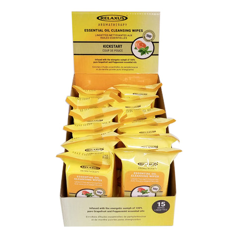 Kickstart Facial Cleansing Wipes pack; facial cleansing wipes with grapefruit and peppermint; refreshing facial wipes with essential oils; Kickstart wipes 15 count pack; facial wipes display pack; cleansing wipes with grapefruit oil