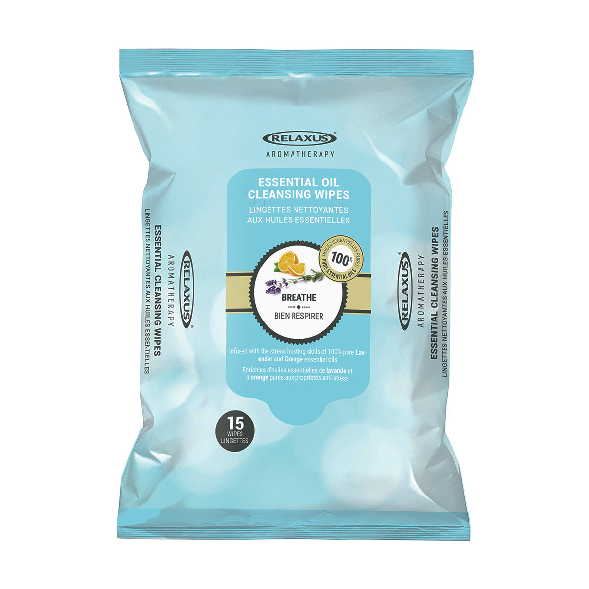 Breathe Facial Cleansing Wipes pack; facial cleansing wipes with lavender and orange; calming facial wipes with essential oils; Breathe wipes 15 count pack; facial wipes display pack; cleansing wipes with lavender oil