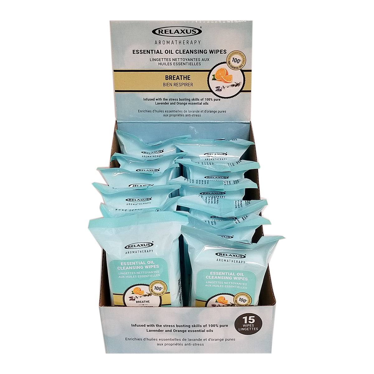 Breathe Facial Cleansing Wipes pack; facial cleansing wipes with lavender and orange; calming facial wipes with essential oils; Breathe wipes 15 count pack; facial wipes display pack; cleansing wipes with lavender oil