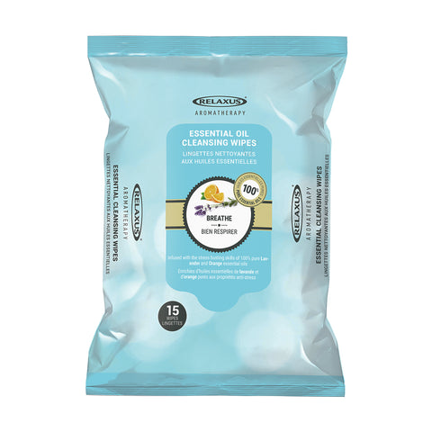 Breathe Facial Cleansing Wipes pack; facial cleansing wipes with lavender and orange; calming facial wipes with essential oils; Breathe wipes 15 count pack; facial wipes display pack; cleansing wipes with lavender oil